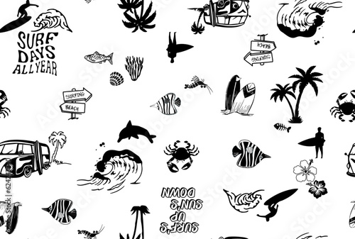 Summer seamless pattern design.Palm tree, surfboard, shark print. black white background