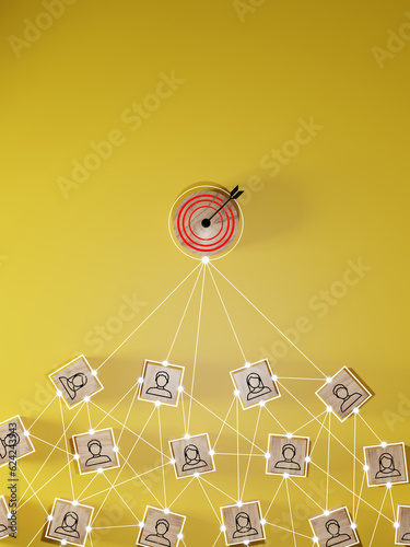 Red dartboard and black arrow connection linkage with human icon for customer focus target group and customer relation management concept.