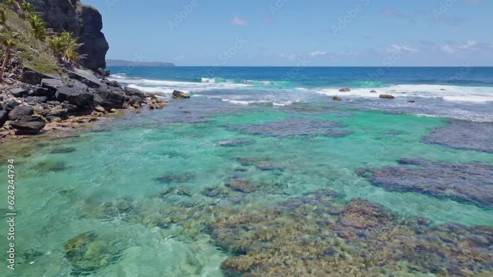 Crashing Waves At Tropical Paradise Beach Of Playa Fronton In Las Galeras, Samana, Dominican Republic. Aerial Drone Shot Crashing Waves At Tropical Paradise Beach Of Playa Fronton In Las Galeras, Samana, Dominican Republic. Aerial Drone Shot