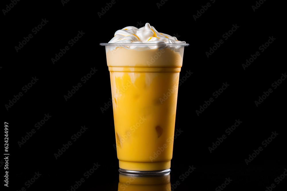 Mango smoothie milkshake in plastic takeaway cup isolated on dark background Mango smoothie milkshake in plastic takeaway cup isolated on dark background