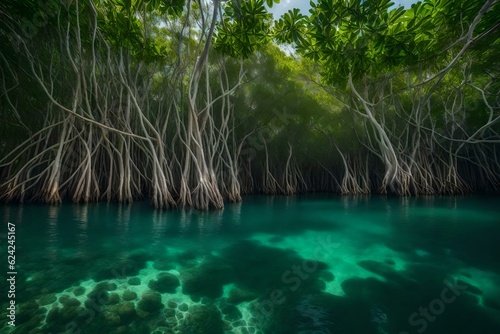 tropical forest with visible roots in lake generated by AI tool