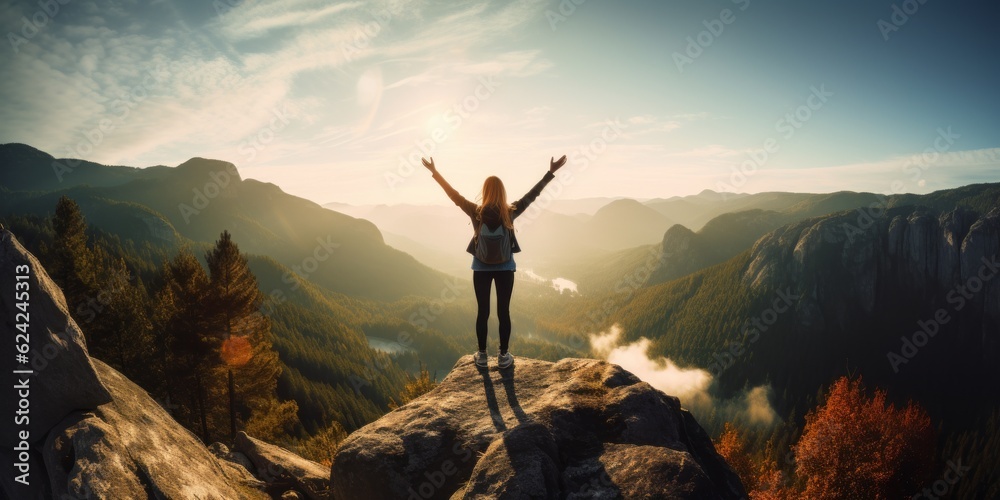 A woman standing on top of a mountain with raised hands. Generative AI image
