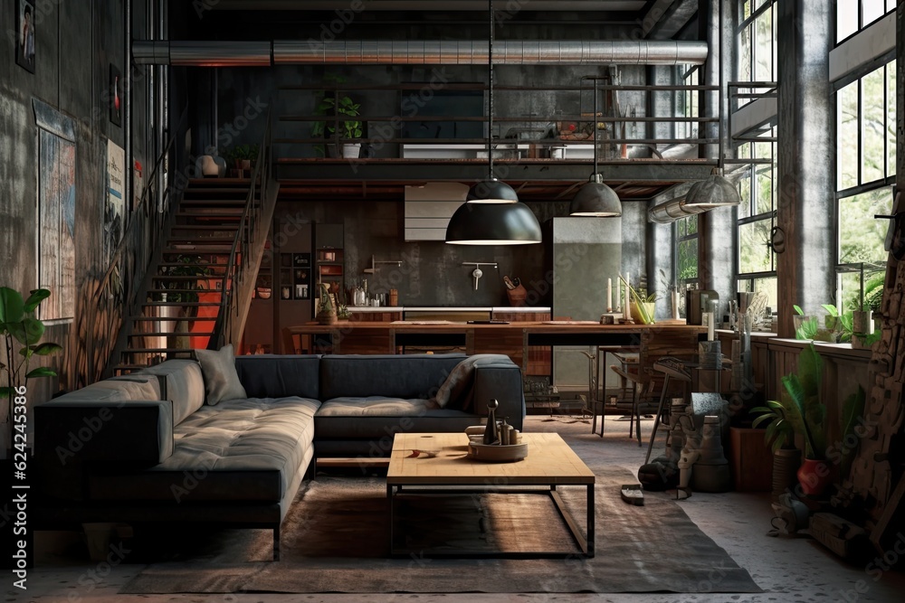 Interior of a loft living room with a sofa and a coffee table