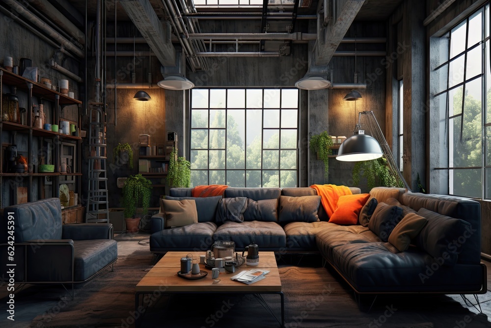 Interior of a loft living room with a sofa and a coffee table