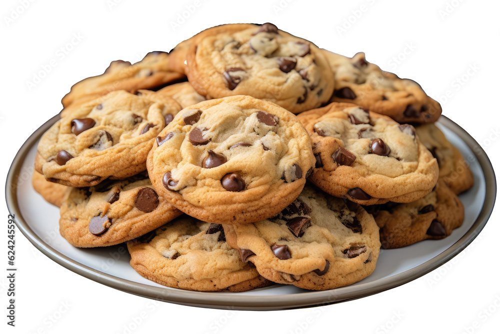  chocolate chip cookies on plate , Transparent background. generative AI