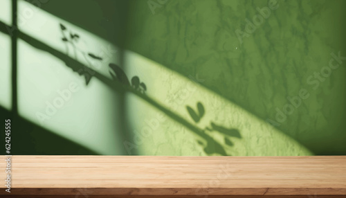 wood table green wall background with sunlight window create leaf shadow on wall vector illustration foreground. panoramic banner mockup for display of product. eco friendly interior concept