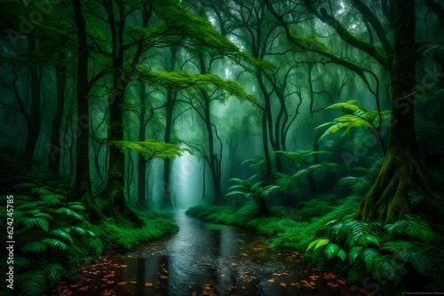 tropical rain in green forest generated by AI tool © Muhammad