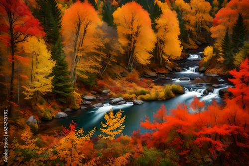 river in forest in autumn season generated by Ai tool