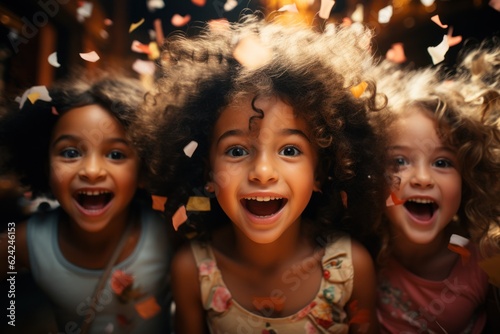 Children's group. Happy multicultural children having fun celebrating their birthdays with colorful confetti. child birthday concept
