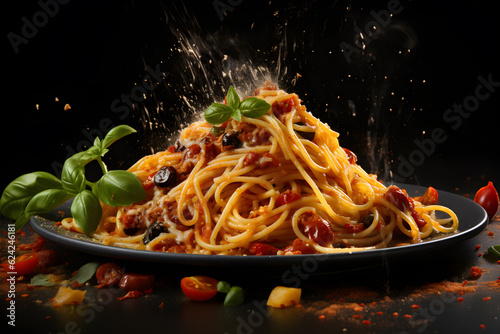 Delicious spaghetti sprinkled with cheese powder, generative AI