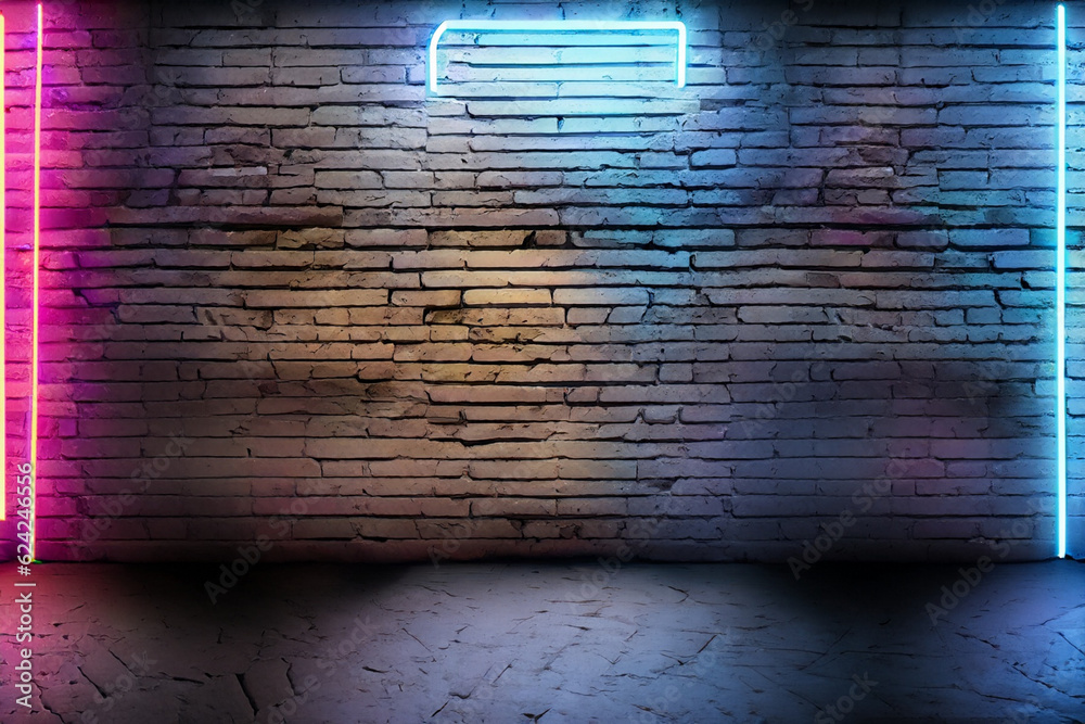 Modern futuristic neon lights on old grunge brick wall room
