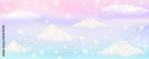 Pink sky background with clouds and stars. Pastel color abstract dreaming illustration. Magic heaven wallpaper. Cute unicorn landscape. Vector