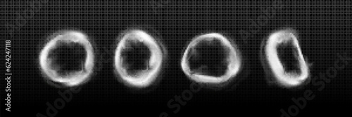 Circle clouds of smoke, round steam rings isolated on transparent background. Abstract overlay effects of cigarette or hookah smoke, fog clouds, vector realistic illustration