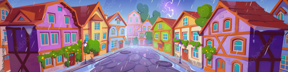 Old European town street in rainy weather. Vector cartoon illustration of traditional half-timbered colorful houses decorated with flowers, water puddles on stone paved road, lightning in cloudy sky