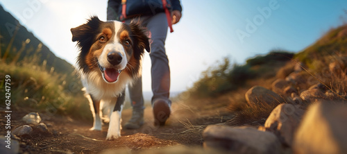 Hiking with the Dog, a Young Man and His Active Border Collie Dog Trekking in Mountain Valley. Activities with Pet. Low angle view. AI generative