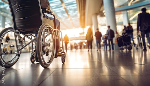 Accessibility of the Handicap Person in Public Transportation Concept. a Disabled Man on Wheelchair at the Airport Terminal. Low Angle View. AI generative