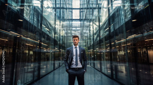 Portrait of an Elegant and Attractive Businessman, Standing in front of the Glass Office Building. AI generative