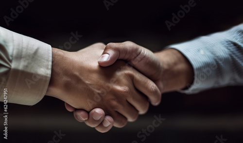 Close Up of Two Businessman Shaking Hand together. Business Cooperation Agreement, Congratulation, Mergers and Acquisitions. Greeting or Finishing up Meeting. AI generative