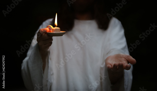 Canvastavla Resurrected Jesus Christ holding a lamp in his hand and extending his arms leadi