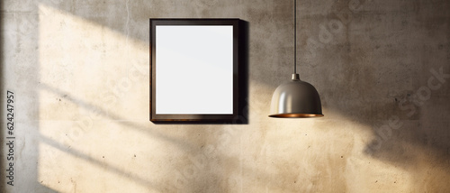 Mockup image of Photo Frame Hanging on the Concete Industrial Loft Wall, Sunlight Shining through the Window. Clipping Path included. Minimal Interoir Design. AI generative