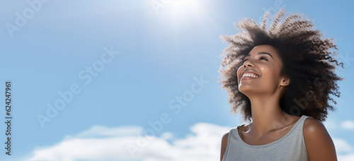 Portrait of a Happiness African Mixed Race Female in Afro Hairstyle Facing the Sun. Big Smiling, Natural Look Make-up. AI generative