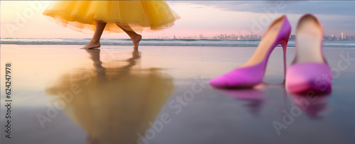 Harmony with Nature Concept. Lower Part of a Happiness Carefree Female Dancing in the Beach. Dressed Elegant, Take Shoes Off, Barefoot on the Sand in Sunset. AI generative