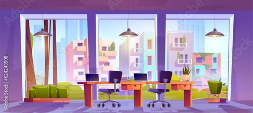 Miami office interior with open space work room vector background. Computer desk and armchair in modern business building with sunny american skyscraper view. Corporate glass wall workstation in city © klyaksun