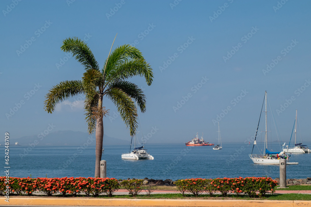 Φωτογραφία Amador causeway at the panama city, a path with flowers and palms, good asphalt and boats in the background