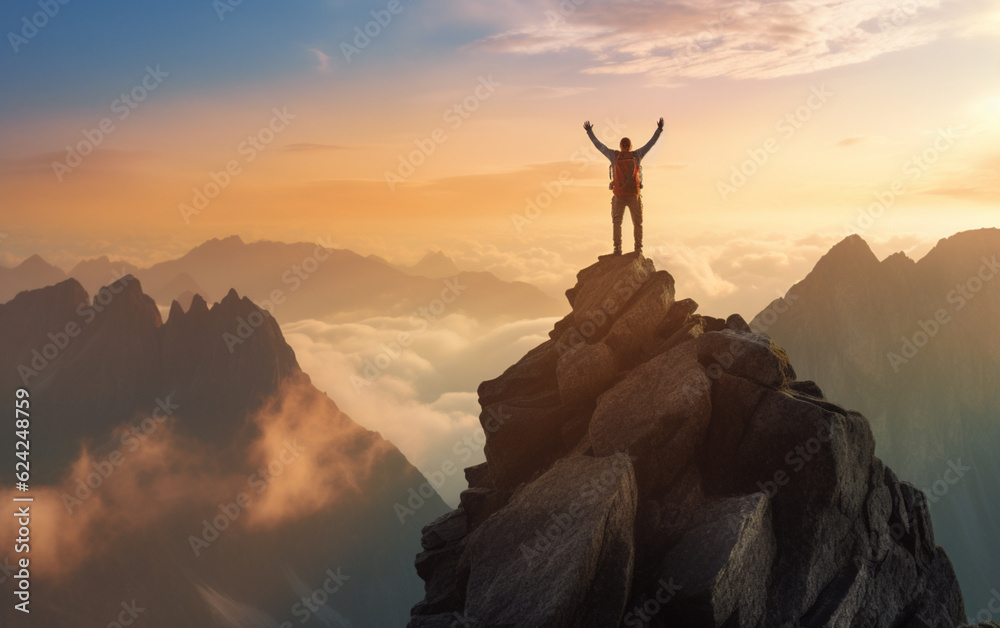 Achieving your dreams concept, with mountain climber celebrating success on top of mountain