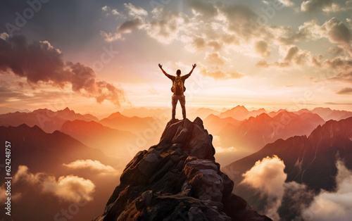 Achieving your dreams concept  with mountain climber celebrating success on top of mountain