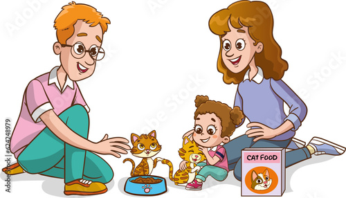 cute family feeding cute cats vector.children and their parents who feed stray animals