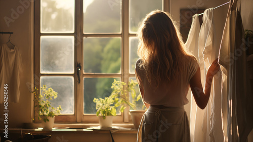 Woman standing near window at home