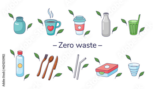Set of eco friendly tableware items - glass jar, reusable coffee cup, wooden cutlery, lunch box, metal drinking straws, folding cup. Zero waste concept. Vector illustration in cartoon style