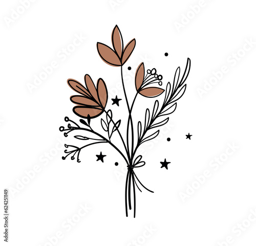 Small elegant bouquet, line sketch, autumn herbs and leaves, simple eco logo. Hand drawn vector illustration isolated on white background.