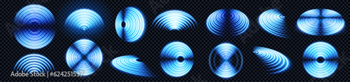 Realistic set of blue radio wave signal signs isolated on transparent background. Vector illustration of radial symbol of wifi connection, sound spread, pulse effect, vibration frequency, radar area