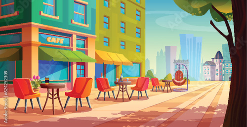 City street cafe with tables and chairs on park alley. Vector cartoon illustration of urban coffee shop with outdoor seats in shadow of trees, modern cityscape background, birds in blue summer sky