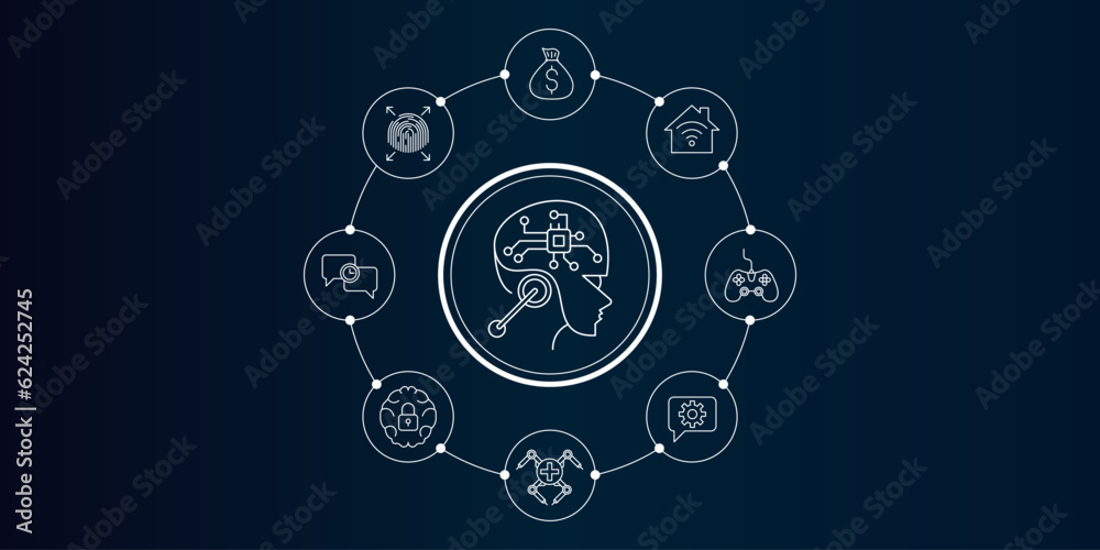 Artificial intelligence and Automated machine learning language. Cybersecurity computer vision, business, industrial vector image. Chat with AI, big data vector line icons set