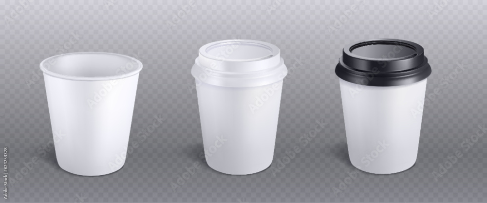 custom made wallpaper toronto digital3d white paper coffee cup isolated vector mockup. Disposable drink mock up for takeaway hot espresso from cafe with plastic black lid. Cappuccino cardboard package container render design illustration