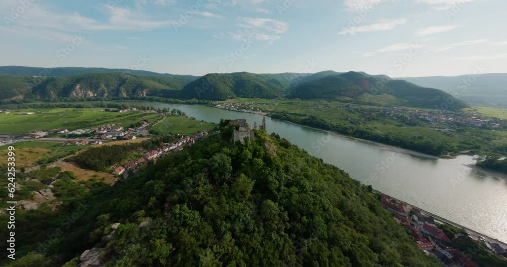 aerial drone shot of burgruine castle ruins, Dürnstein, Austrian European history, historical Germanic site, river Danube, middle ages midieval architecture, german kings, queens and bishops, prof FPV aerial drone shot of burgruine castle ruins, Dürnstein, Austrian European history, historical Germanic site, river Danube, middle ages midieval architecture, german kings, queens and bishops, prof FPV