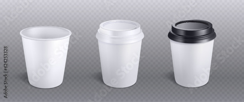 3d white paper coffee cup isolated vector mockup. Disposable drink mock up for takeaway hot espresso from cafe with plastic black lid. Cappuccino cardboard package container render design illustration © klyaksun