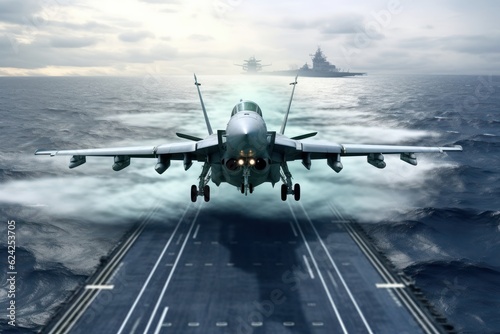 Front view of a military jet fighter landing on the deck of an aircraft carrier. Cloudy sky over the sea horizon. The interaction of the navy and aviation, military maneuvers. 3D rendering.