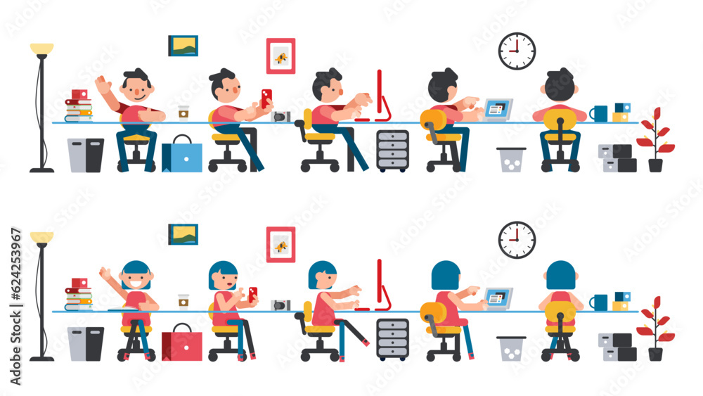 office worker act in a variety of ways Many scenes, sitting to work. Vector set illustration. office worker act in a variety of ways Many scenes, sitting to work. Vector set illustration.
