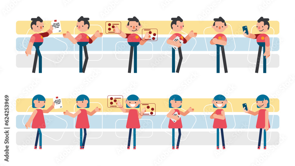 office worker act in a variety of ways Many scenes, standing to work. Vector set illustration.