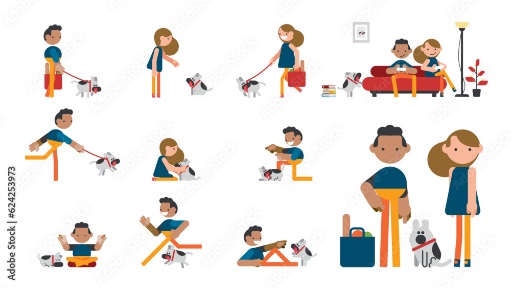 Two couples live with dogs in various situations. Giving orders, watching TV, feeding dogs. Vector set illustration.