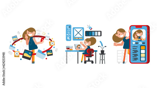 woman act in a variety of ways Many scenes. media production ,Vector set illustration.
