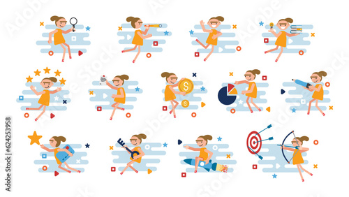 office worker act in a variety of ways Many scenes, floating in the air. Vector set illustration.