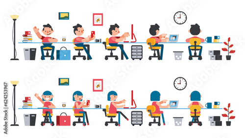 office worker act in a variety of ways Many scenes, sitting to work. Vector set illustration.