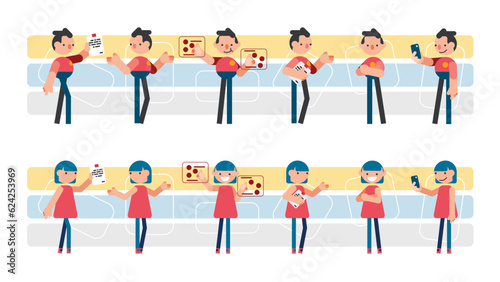 office worker act in a variety of ways Many scenes  standing to work. Vector set illustration.