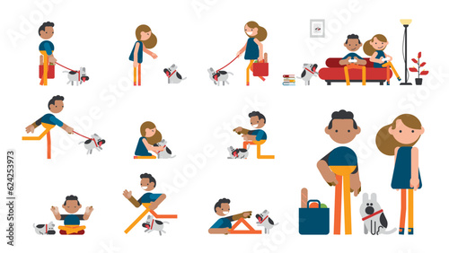 Two couples live with dogs in various situations. Giving orders, watching TV, feeding dogs. Vector set illustration.