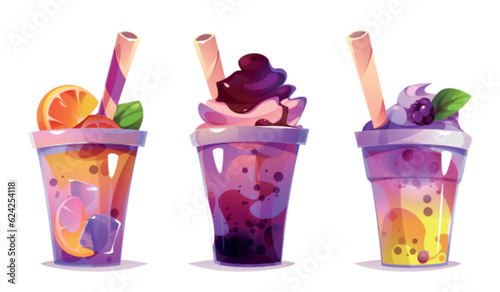 Milk tea bubble drink vector juice cup cartoon illustration. Ice boba sugar milkshake dessert clipart for taiwanese asian menu. Delicious fruit sweet bubbletea with straw. Cream tapioca in plastic set